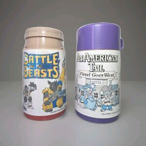 Lot 2 Vintage Thermos Battle Beasts 1986 Hasbro & Fievel Goes West 1991 Aladdin